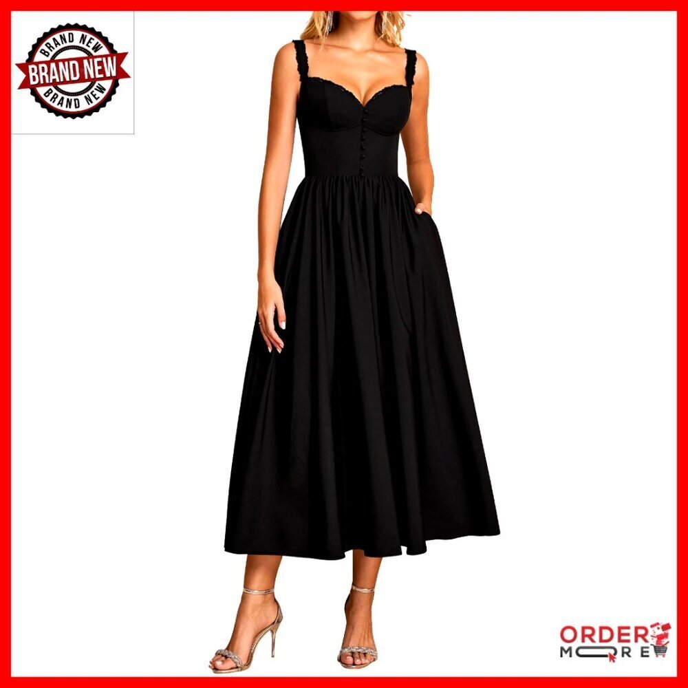 Summer Corset Midi Dress Formal Flowy A-Line Lace Spaghetti Strap Wedding Guest